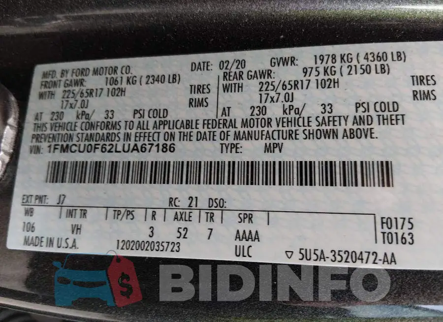 1FMCU0F62LUA67186 Photo# 9