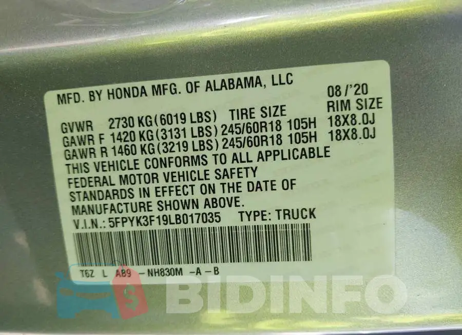 5FPYK3F19LB017035 Photo# 9