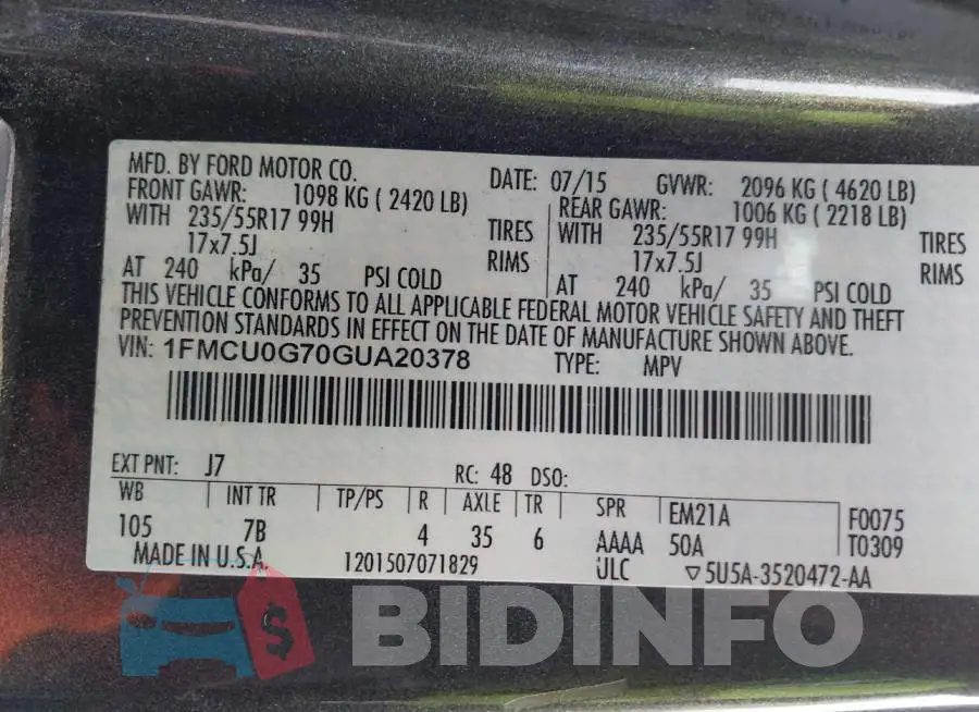 1FMCU0G70GUA20378 Photo# 9
