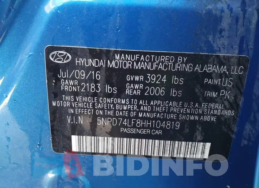 5NPD74LF8HH104819 Photo# 9