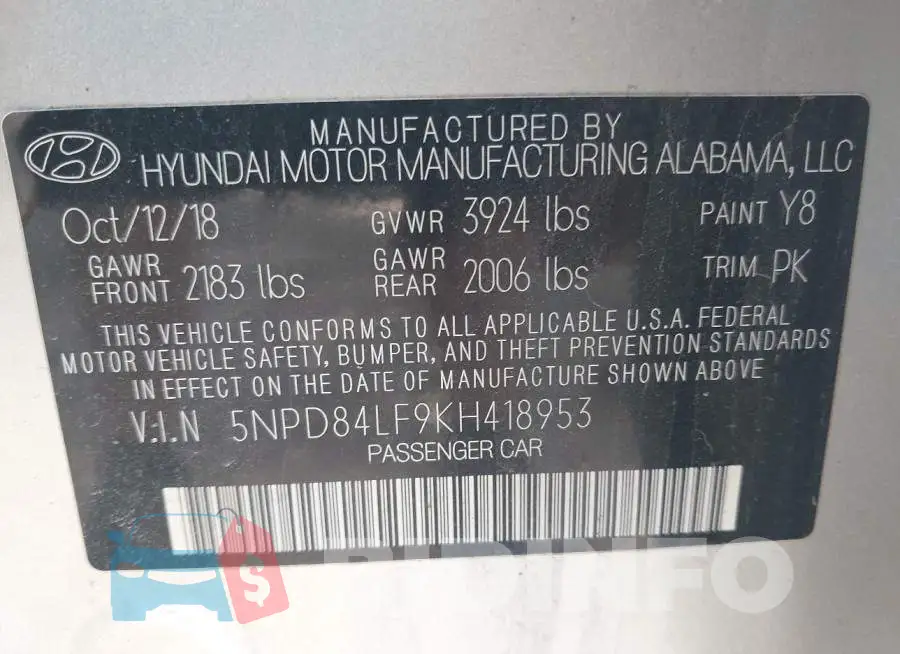 5NPD84LF9KH418953 Photo# 9