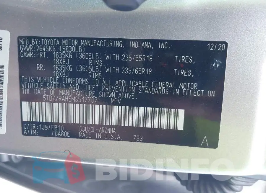 5TDZZRAH5MS517707 Photo# 9