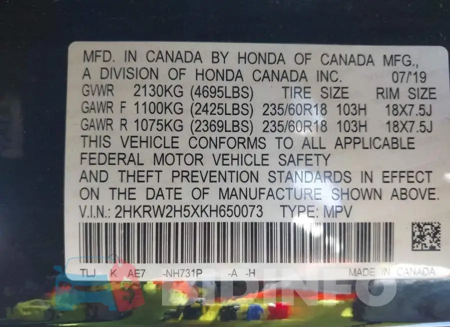 2HKRW2H5XKH650073 Photo# 9