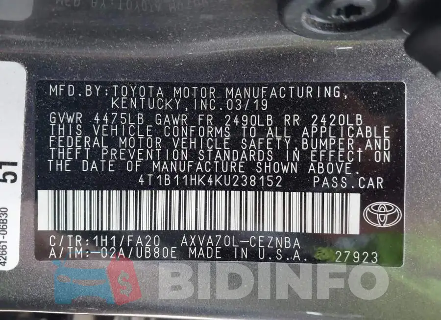 4T1B11HK4KU238152 Photo# 9
