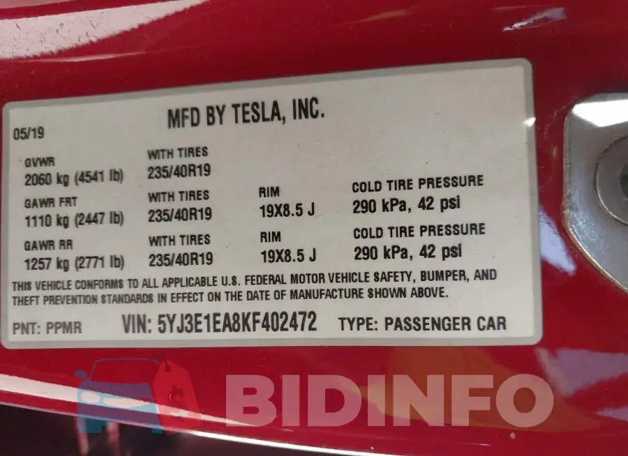 5YJ3E1EA8KF402472 Photo# 9