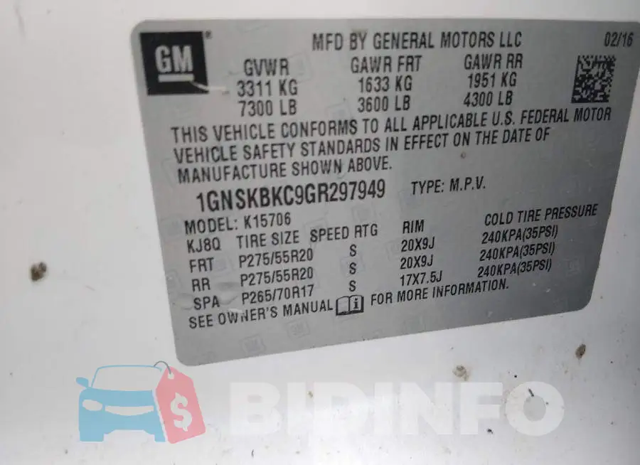 1GNSKBKC9GR297949 Photo# 9
