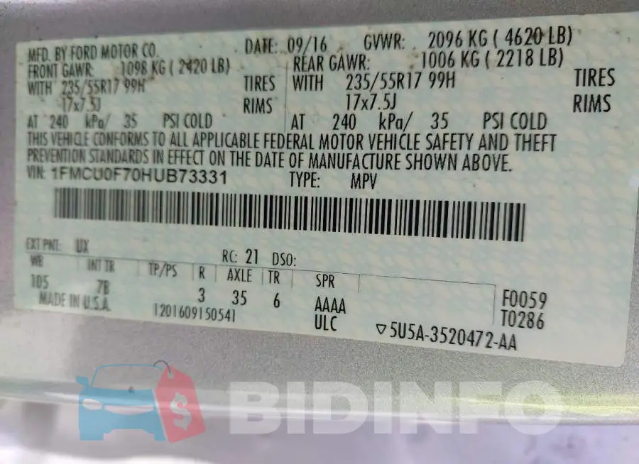 1FMCU0F70HUB73331 Photo# 9