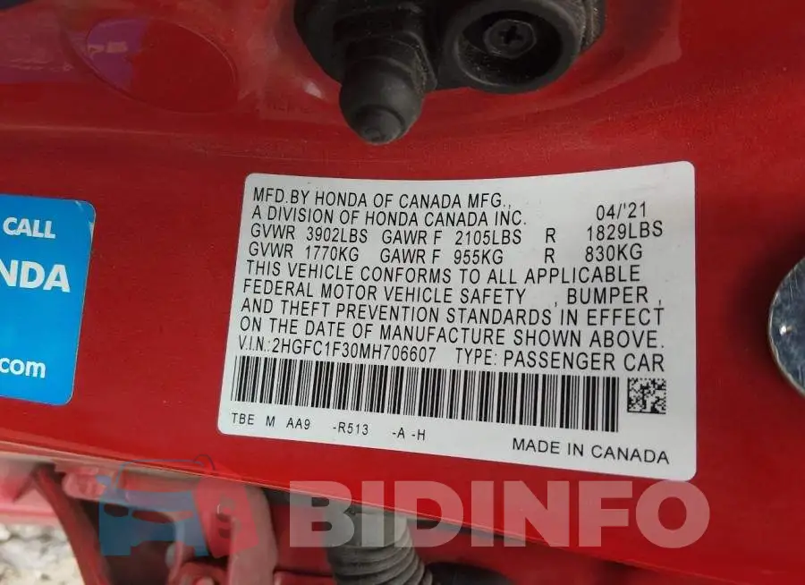 2HGFC1F30MH706607 Photo# 9