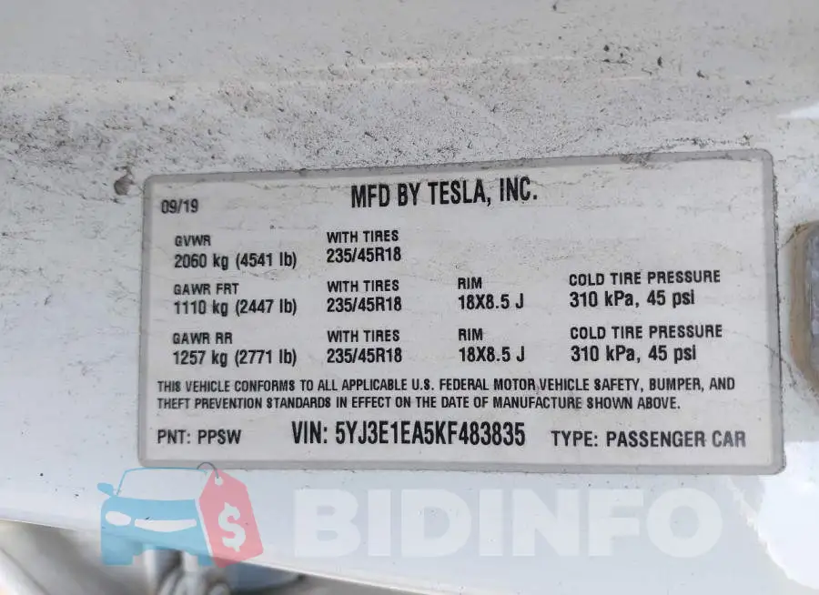 5YJ3E1EA5KF483835 Photo# 9