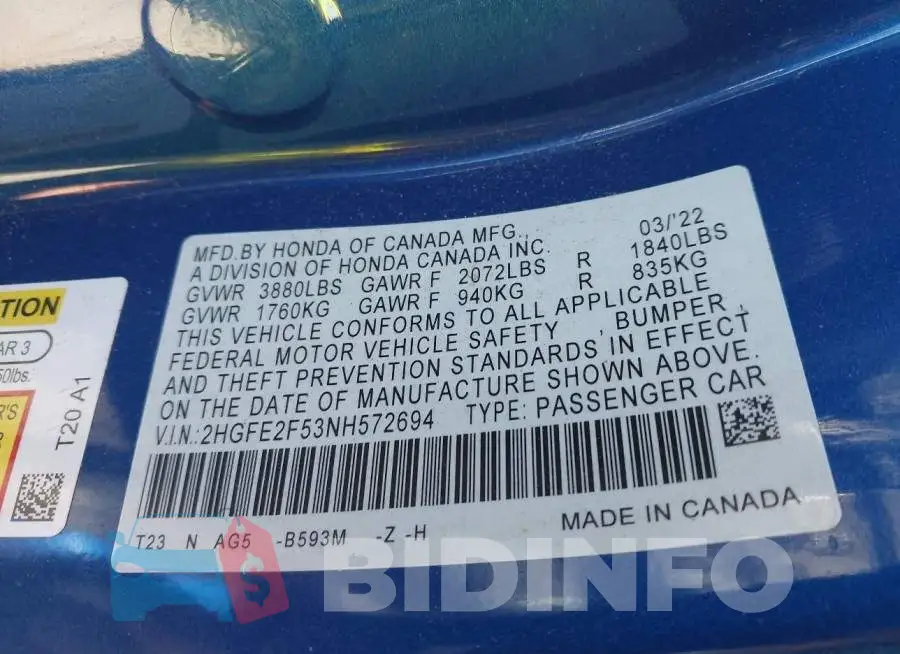 2HGFE2F53NH572694 Photo# 9