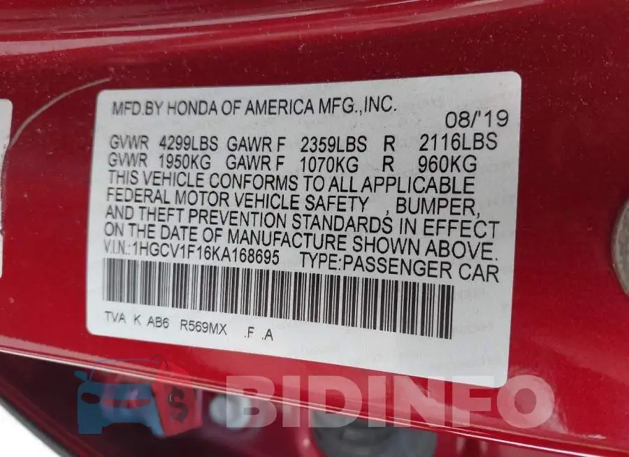1HGCV1F16KA168695 Photo# 9
