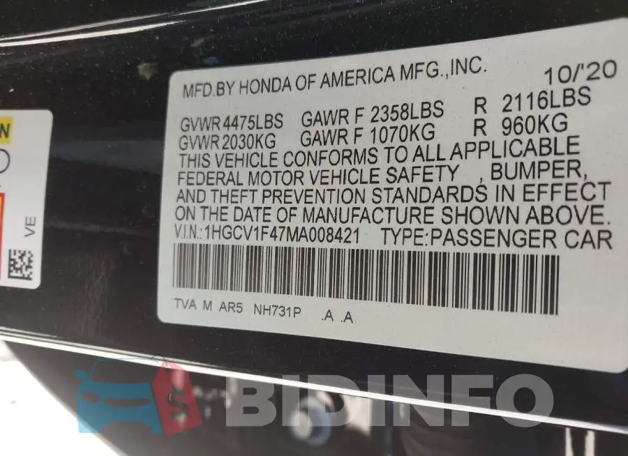 1HGCV1F47MA008421 Photo# 9