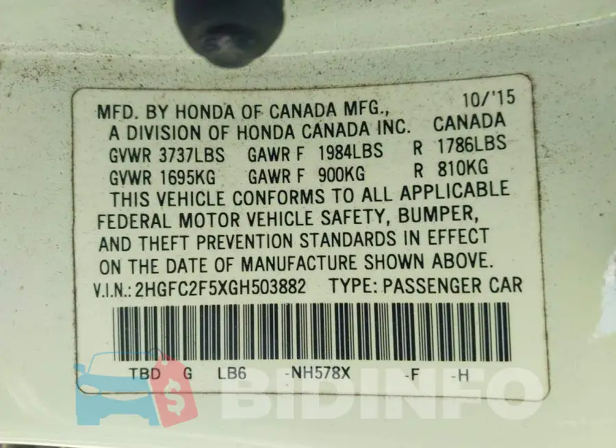 2HGFC2F5XGH503882 Photo# 9