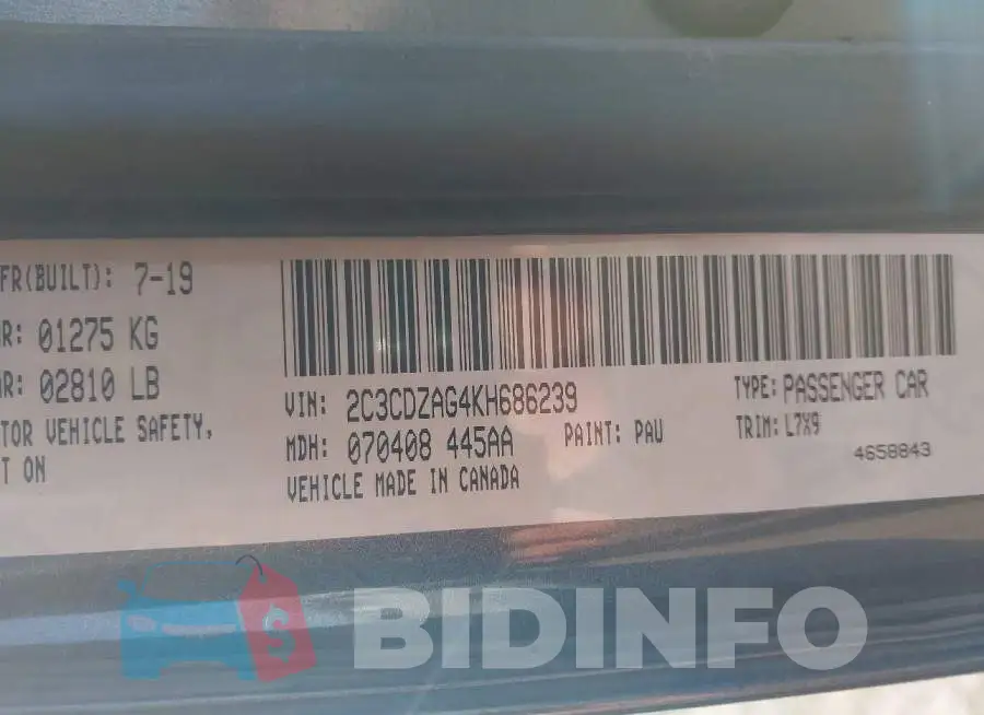2C3CDZAG4KH686239 Photo# 9