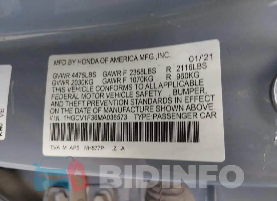 1HGCV1F36MA036573 Photo# 9