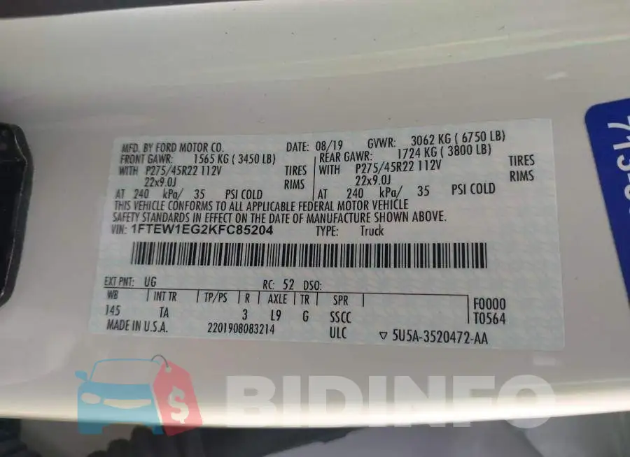 1FTEW1EG2KFC85204 Photo# 9