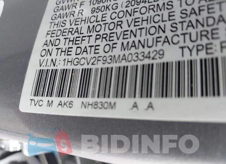 1HGCV2F93MA033429 Photo# 9