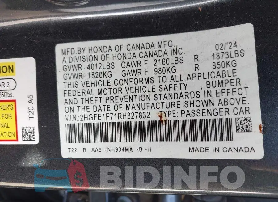 2HGFE1F71RH327832 Photo# 9