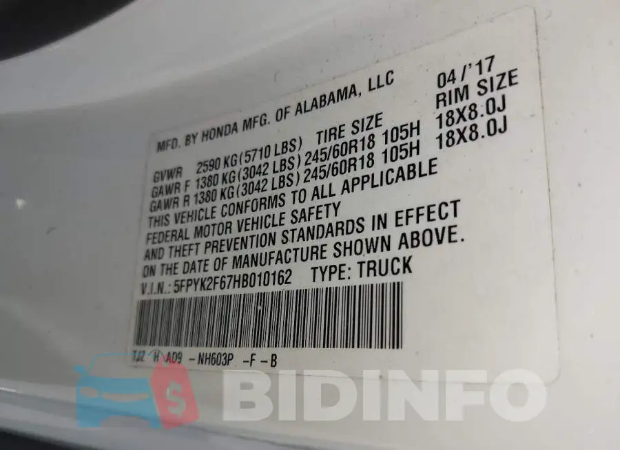 5FPYK2F67HB010162 Photo# 9