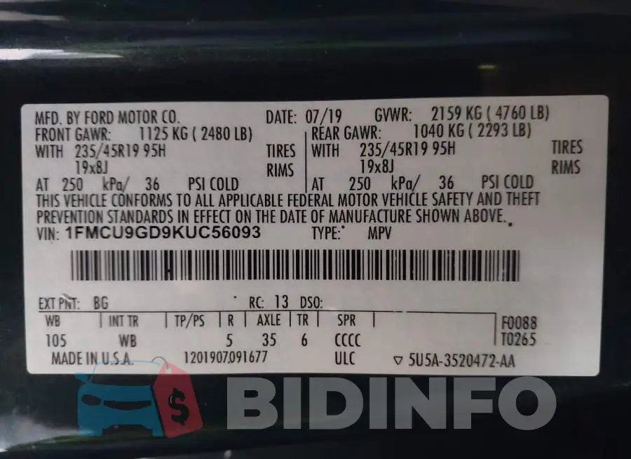 1FMCU9GD9KUC56093 Photo# 9