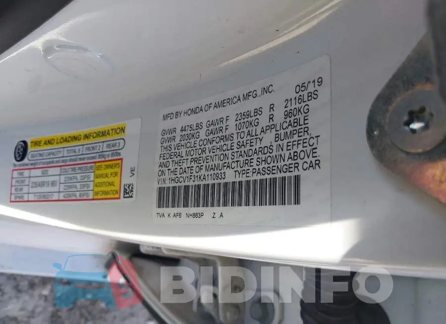 1HGCV1F31KA110933 Photo# 9