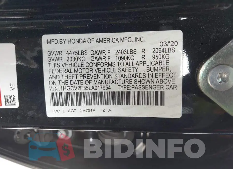 1HGCV2F35LA017954 Photo# 9