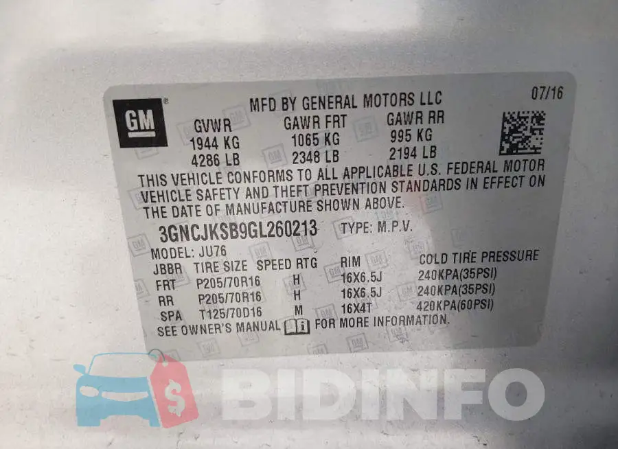3GNCJKSB9GL260213 Photo# 9