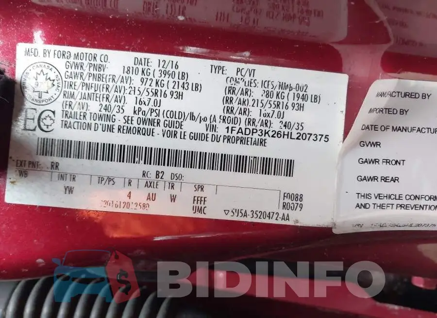 1FADP3K26HL207375 Photo# 9