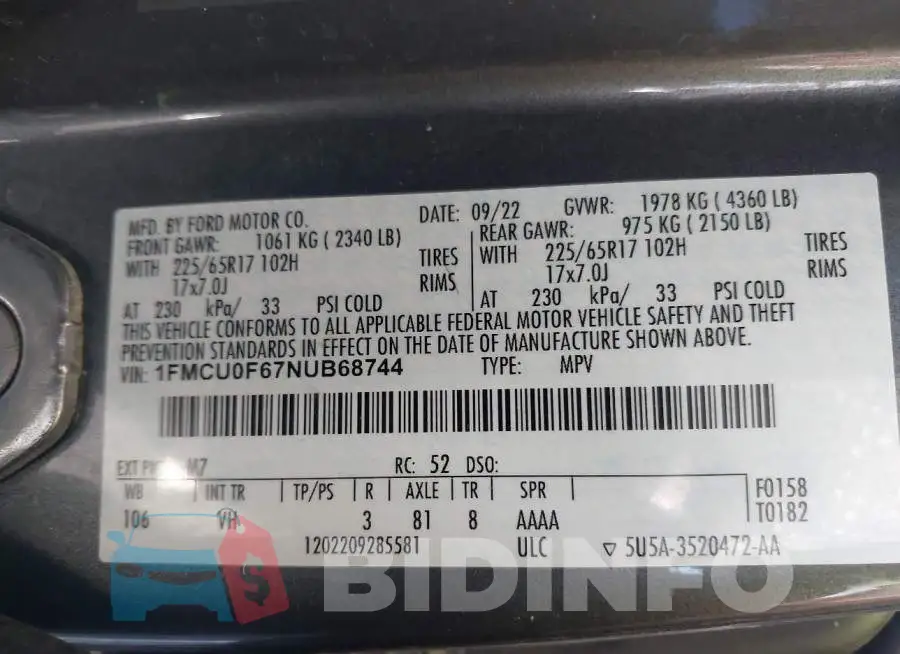 1FMCU0F67NUB68744 Photo# 9