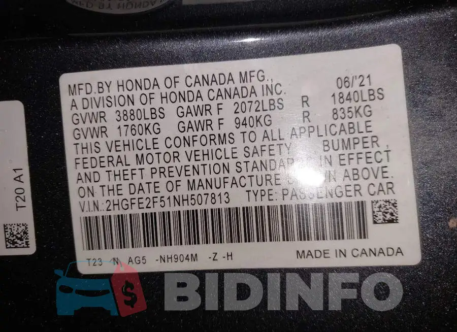 2HGFE2F51NH507813 Photo# 9
