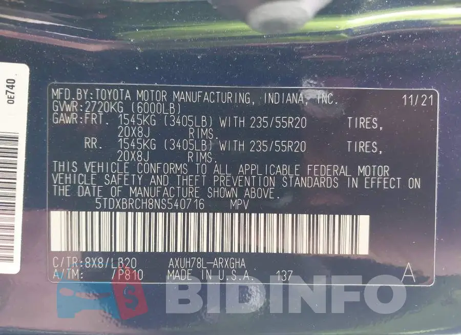 5TDXBRCH8NS540716 Photo# 9