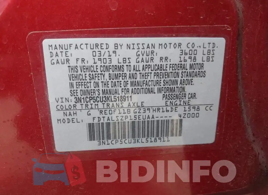 3N1CP5CU3KL518911 Photo# 9