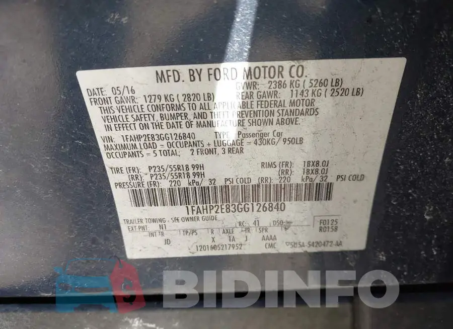 1FAHP2E83GG126840 Photo# 9