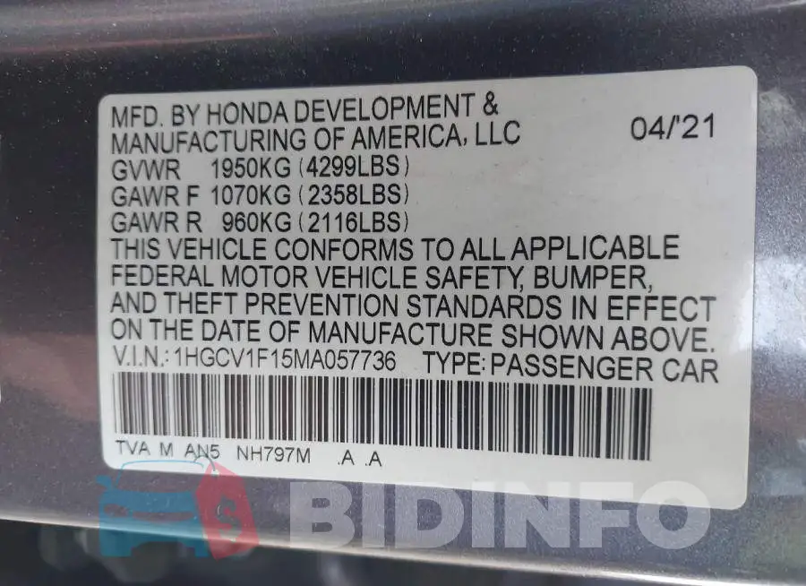 1HGCV1F15MA057736 Photo# 9