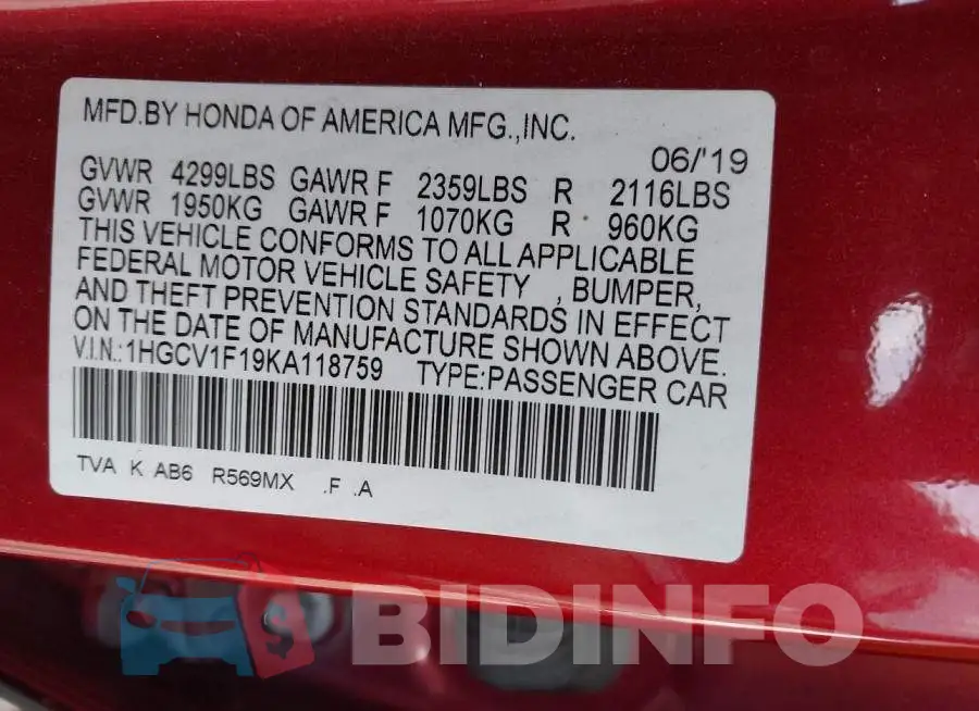 1HGCV1F19KA118759 Photo# 9