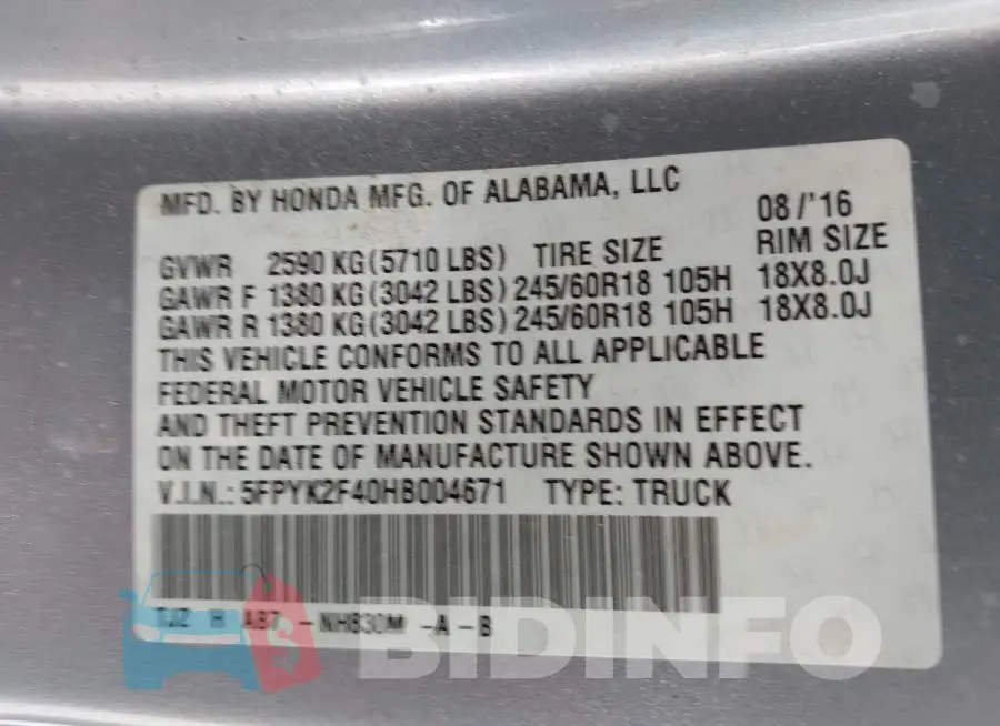 5FPYK2F40HB004671 Photo# 9